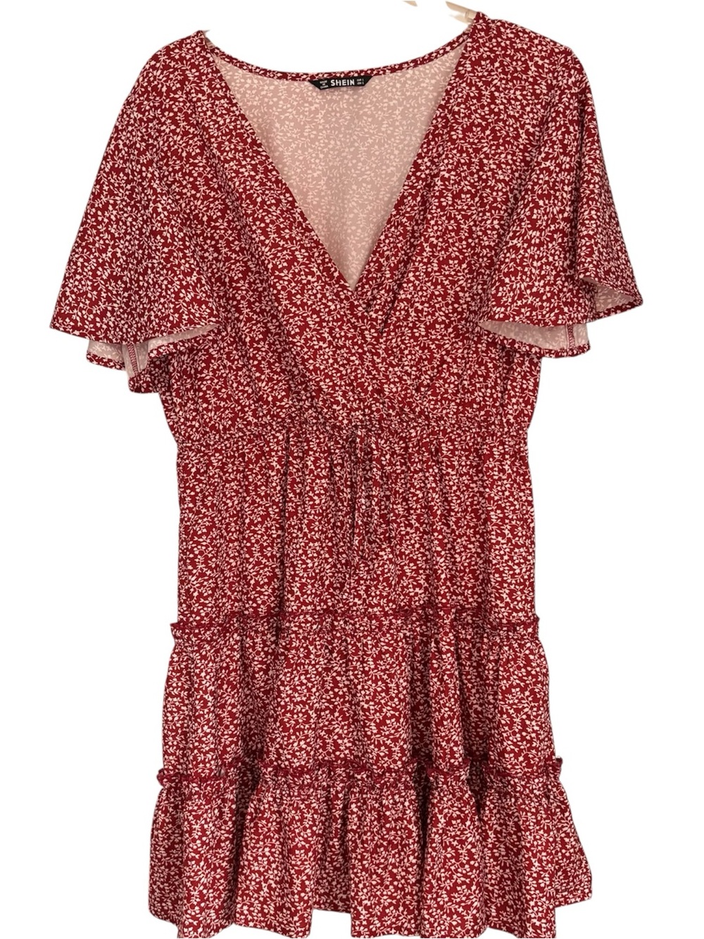 SHEIN Dark Red/Rust Micro Floral V-Neck Ruffle Mini Dress